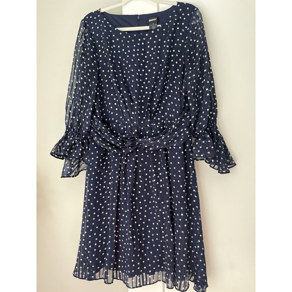 DKNY Womens Navy Blue & White Polka Dot Dress Ruffle Sleeves size 16